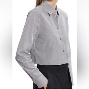 Theory Crop Classic Shirt Boxy Button Up Tan & White Striped Size Small